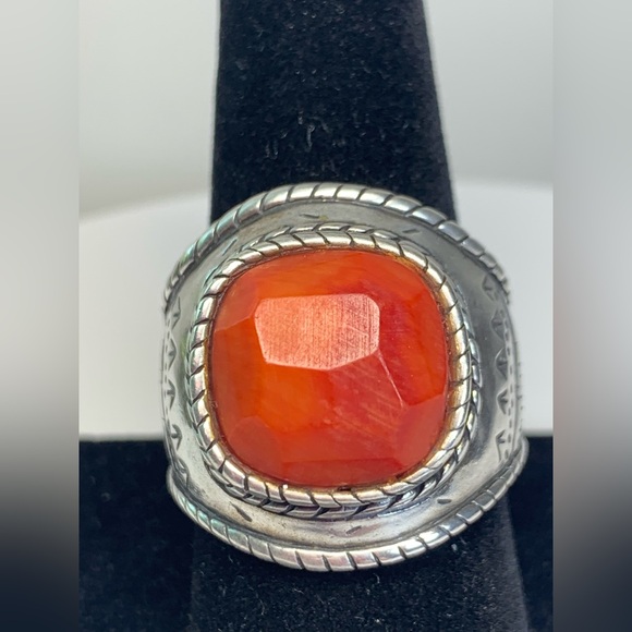 Silpada Very Rare Engraved Sterling Silver Faceted Coral Cabochon SAMBA Ring - Picture 1 of 13